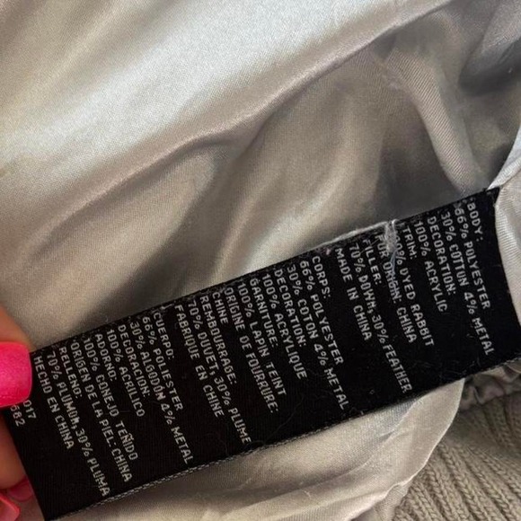 RARE Bebe Silver Metallic Puffer Jacket Rabbit Fur Trim Hood Large - Picture 3 of 8